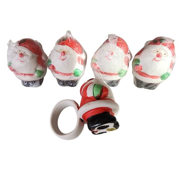 Vintage Set of 5 Santa Ceramic Christmas Napkin Ring Holder Hand Painted - Picture 2 of 4